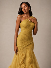 Blush Pink One Shoulder 3D Floral Mermaid Prom Dress