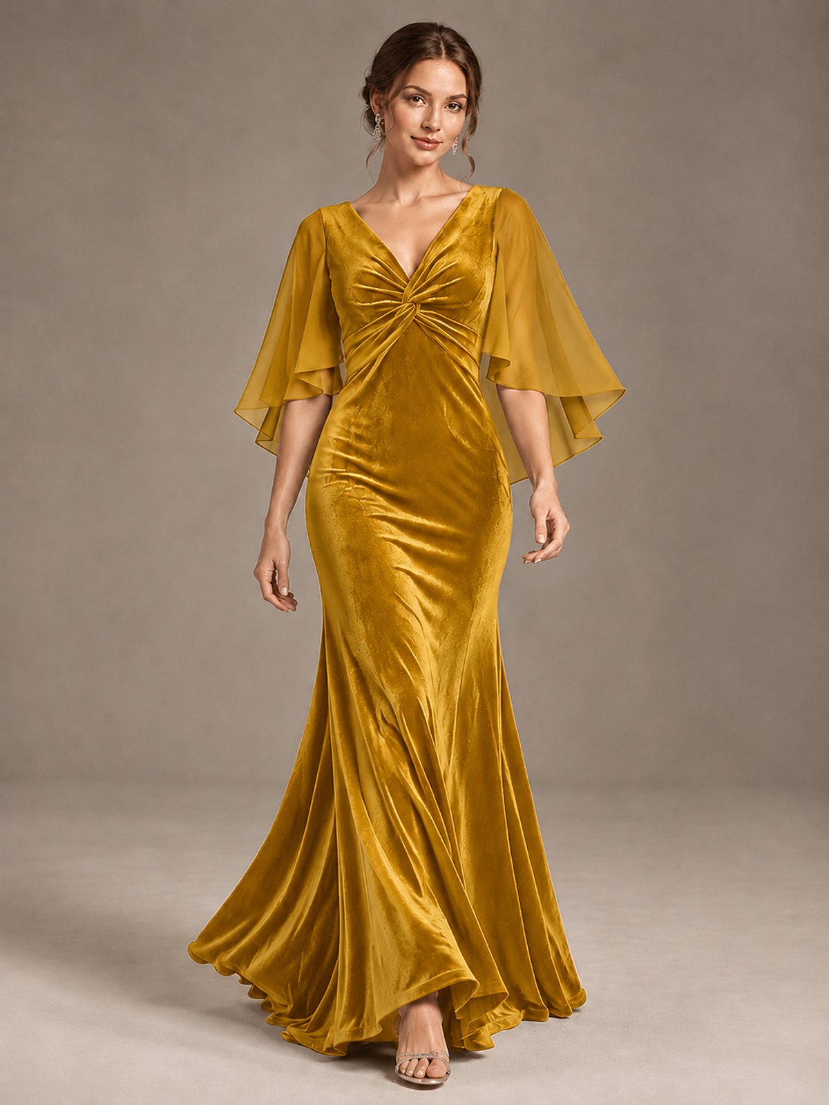 Navy Blue Velvet V Neck Mermaid Formal Dress with Flutter Cape Sleeves