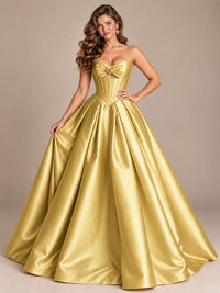 Pink Strapless Corset Satin Prom Derss & Ball Gown with 3D Floral