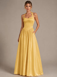 Light Yellow Halter Neck Satin A-Line Maxi Dress with Pockets