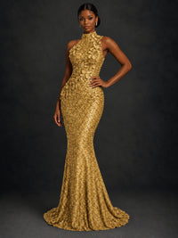 Sparkly Sequin High Neck Mermaid Prom Dress
