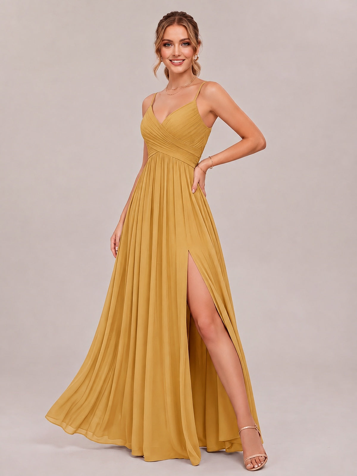 V-Neck Pleated Chiffon Long Bridesmaid Dress with Slit