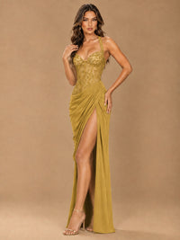 Sweetheart Halter Prom Dress Pleated Lace Floral Formal Dress with Slit