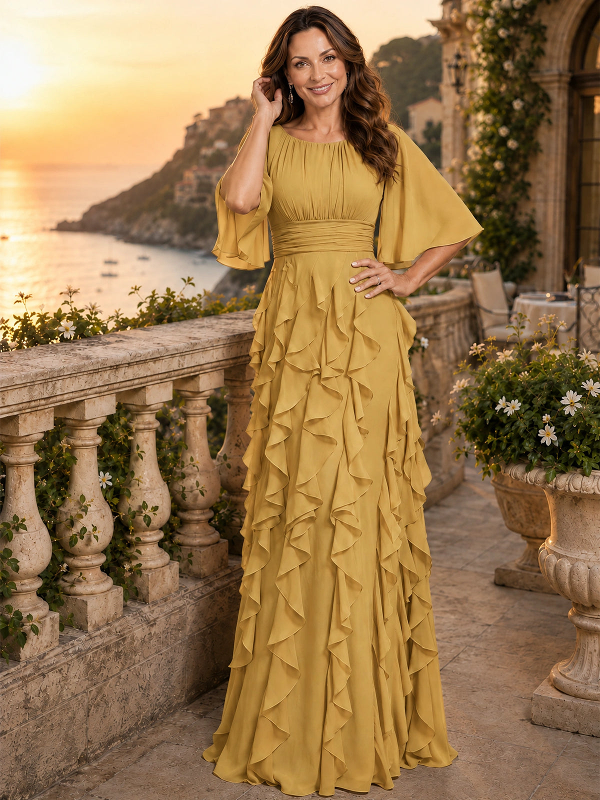 Elegant Chiffon Mother of the Bride Dress with Flutter Sleeves and Ruffle Skirt