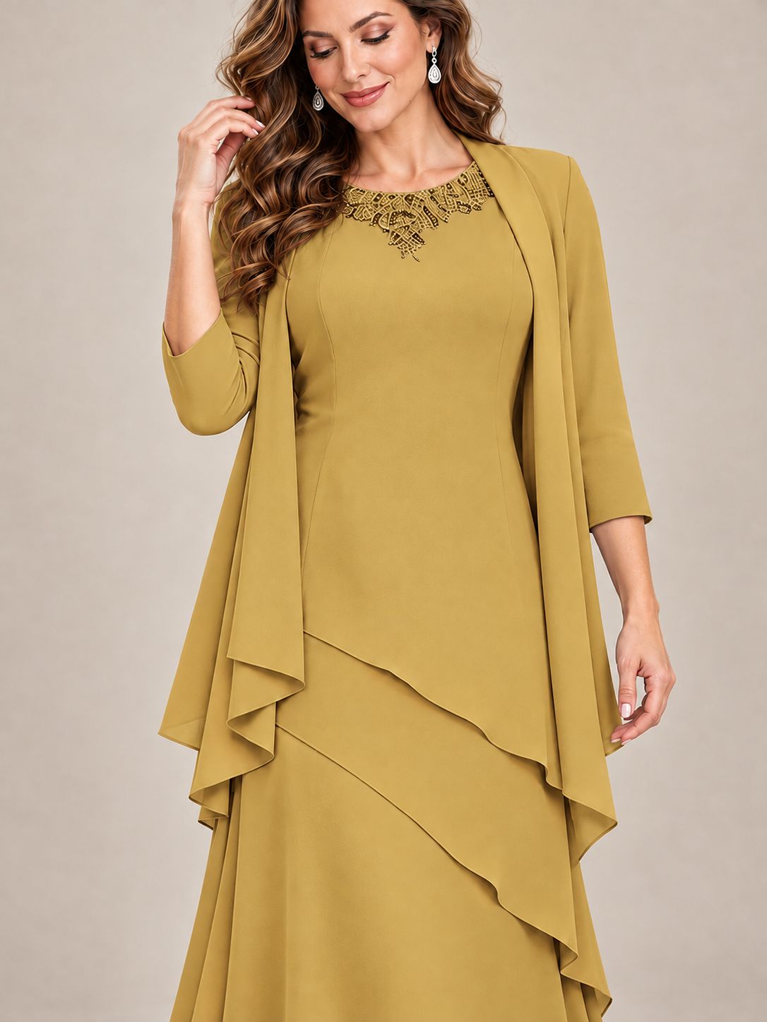 Dusty Blue Two-Piece Chiffon Mother of the Bride Dress with Jacket