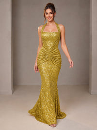 Gold Halter Sequin Mermaid Ruched Prom Dress Long Ruched Evening Gown