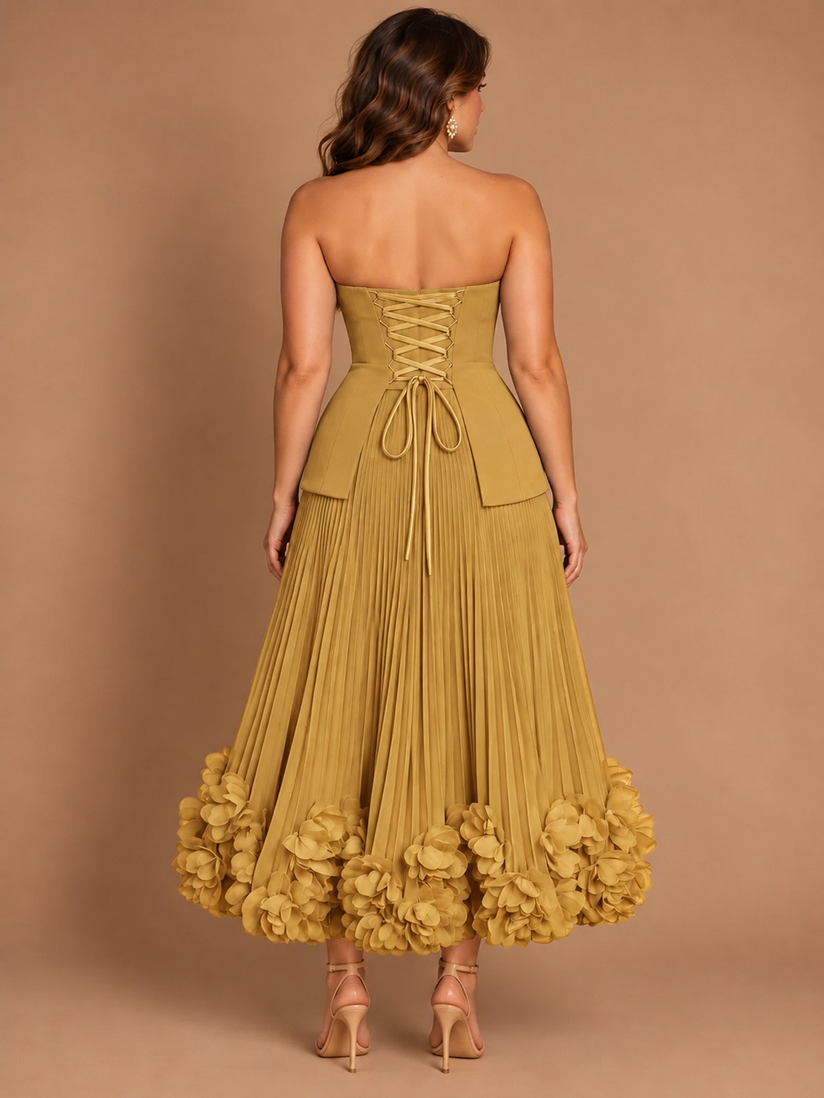 Navy Blue Strapless Pleated A-Line Midi Dress with 3D Floral Applique