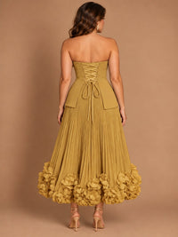 Navy Blue Strapless Pleated A-Line Midi Dress with 3D Floral Applique
