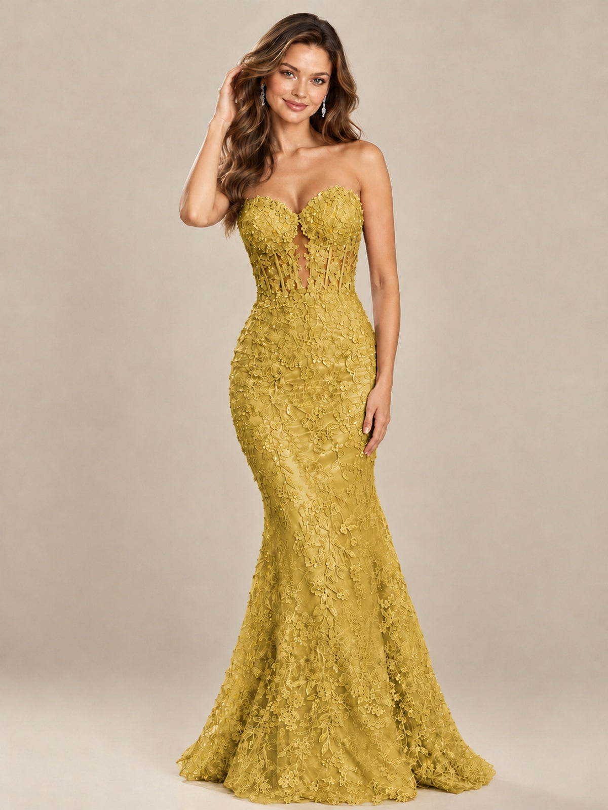 Strapless Corset Mermaid Prom Dress with Floral Lace Appliqué
