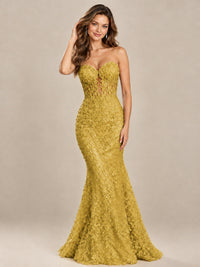 Strapless Corset Mermaid Prom Dress with Floral Lace Appliqué