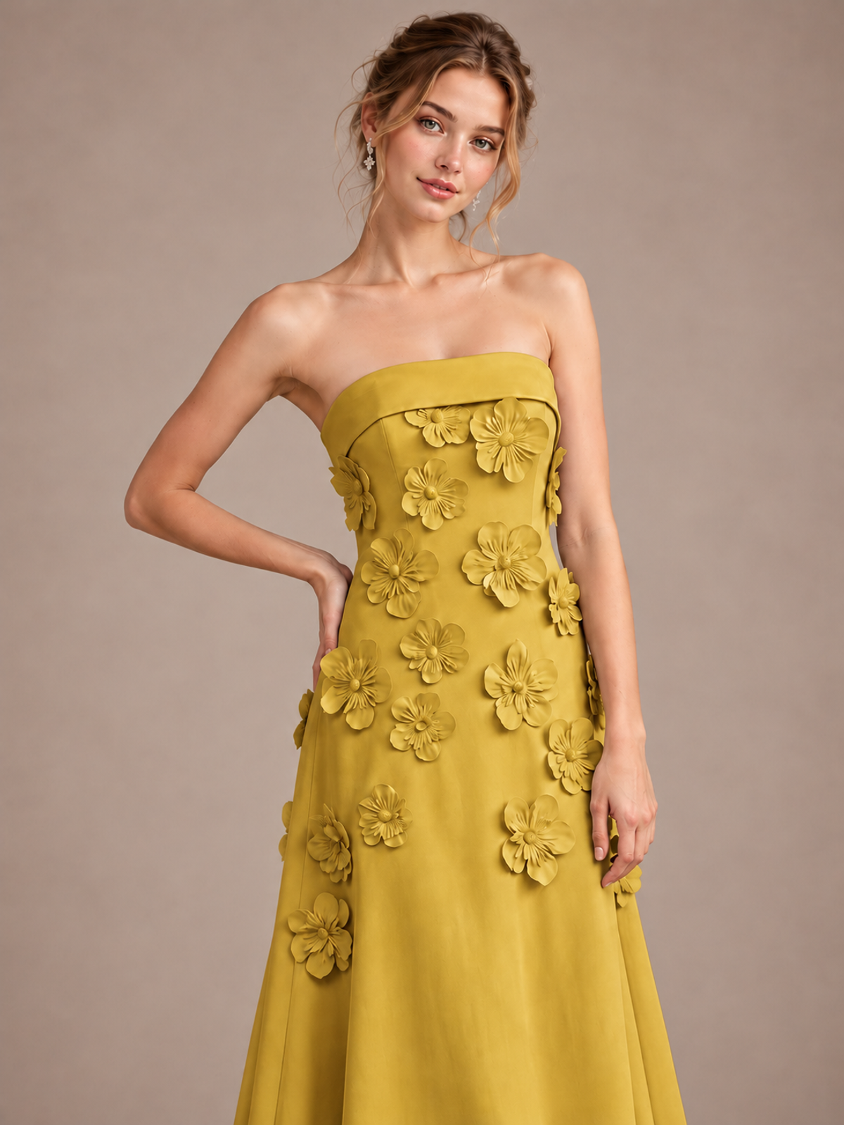 Yellow Strapless 3D Floral Appliques Maxi Dress