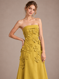 Yellow Strapless 3D Floral Appliques Maxi Dress