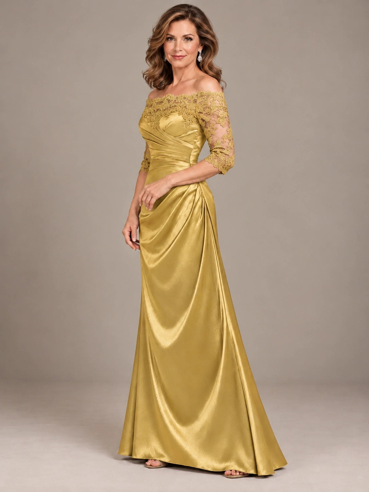 Satin Mother of the Bride Dress with Lace Sleeves Off Shoulder Formal Gown