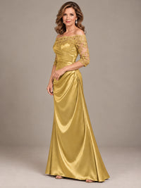 Satin Mother of the Bride Dress with Lace Sleeves Off Shoulder Formal Gown