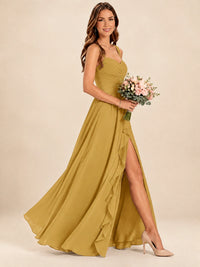 Spaghetti Straps Pleated Chiffon Bridesmaid Dress with Ruffle Slit