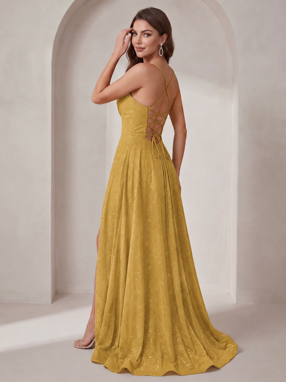Sparkly Cowl Neck Corset Long Prom Dress with Slit A-line Tulle Ball Gown