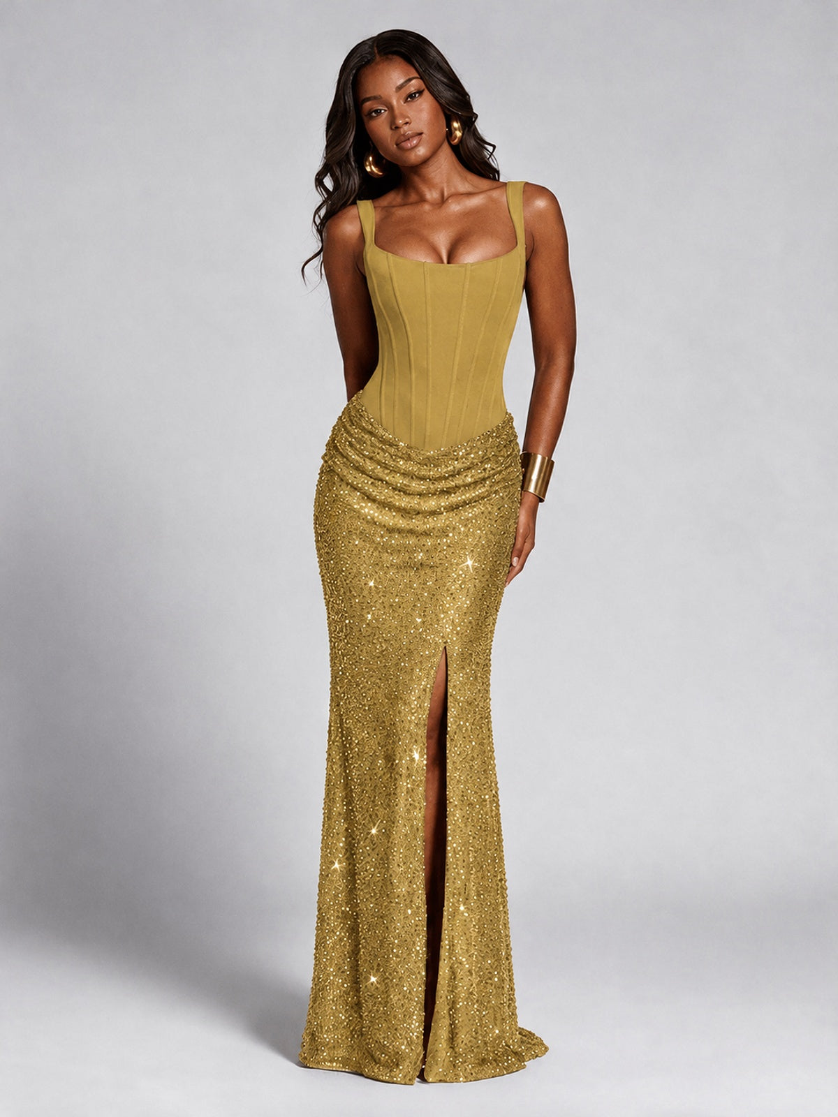 Sequin Corset Mermaid Prom Dress with Square Neck Wide Strap High Slit
