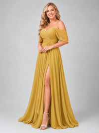 Off Shoulder Chiffon Bridesmaid Dress with Slit