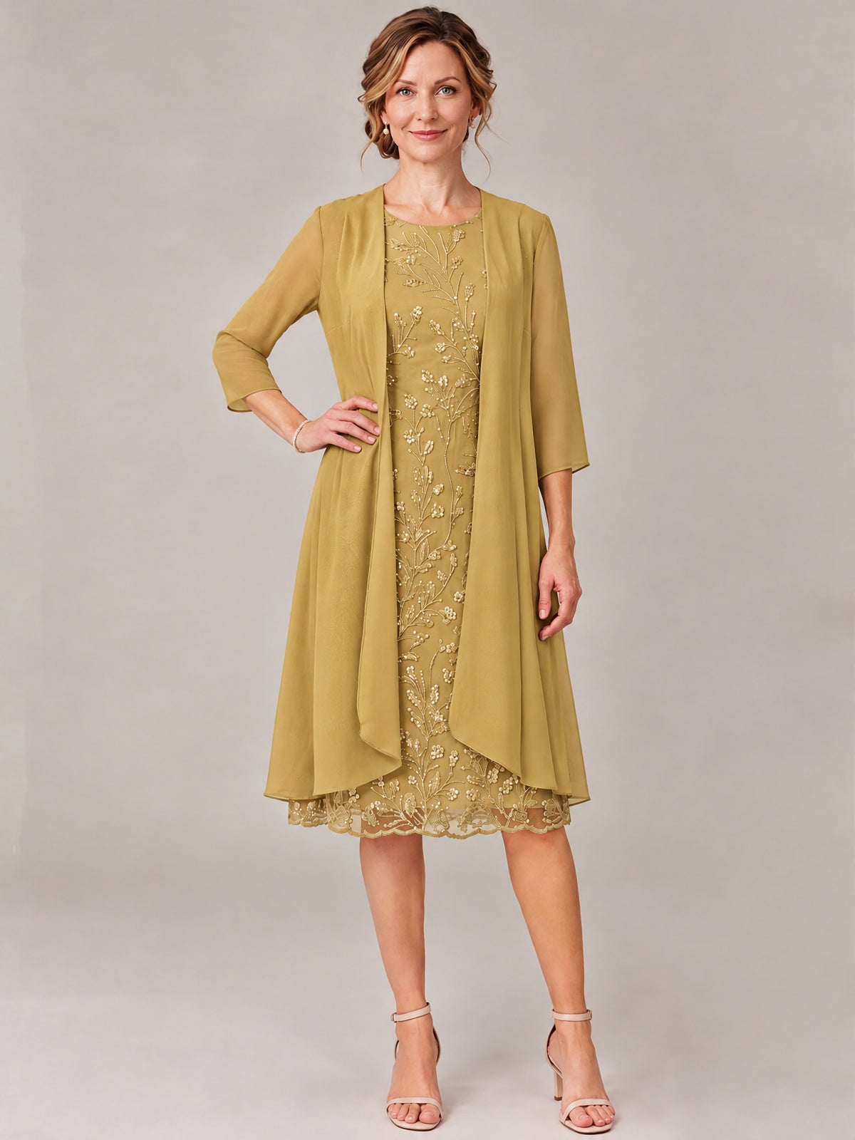 Tea Length Sequin Lace Mother of The Bride Dress with Chiffon Jacket