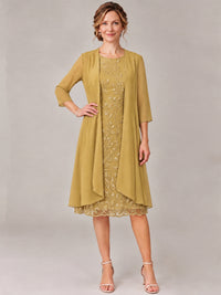 Tea Length Sequin Lace Mother of The Bride Dress with Chiffon Jacket