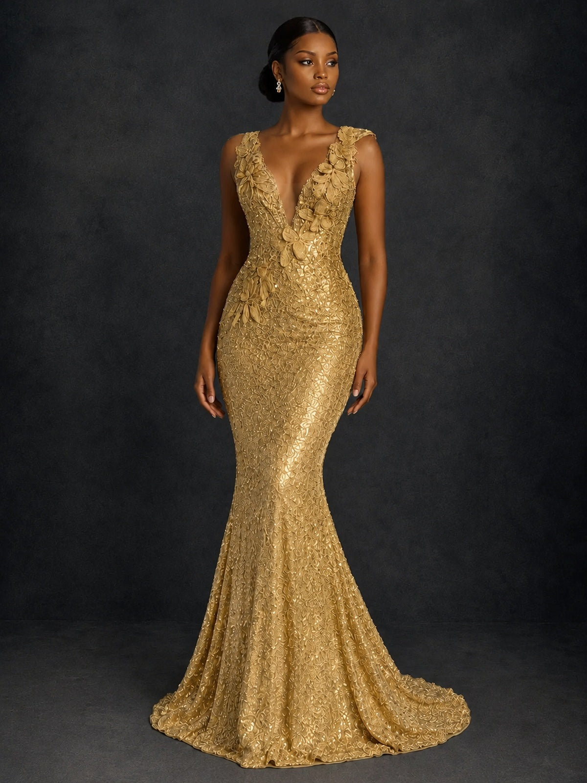 Gold Sequin Floral Applique Mermaid Prom Dress