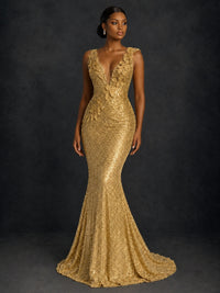 Gold Sequin Floral Applique Mermaid Prom Dress