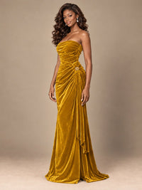 Burgundy Velvet Strapless Ruched Prom Dress with Jeweled Side Drape