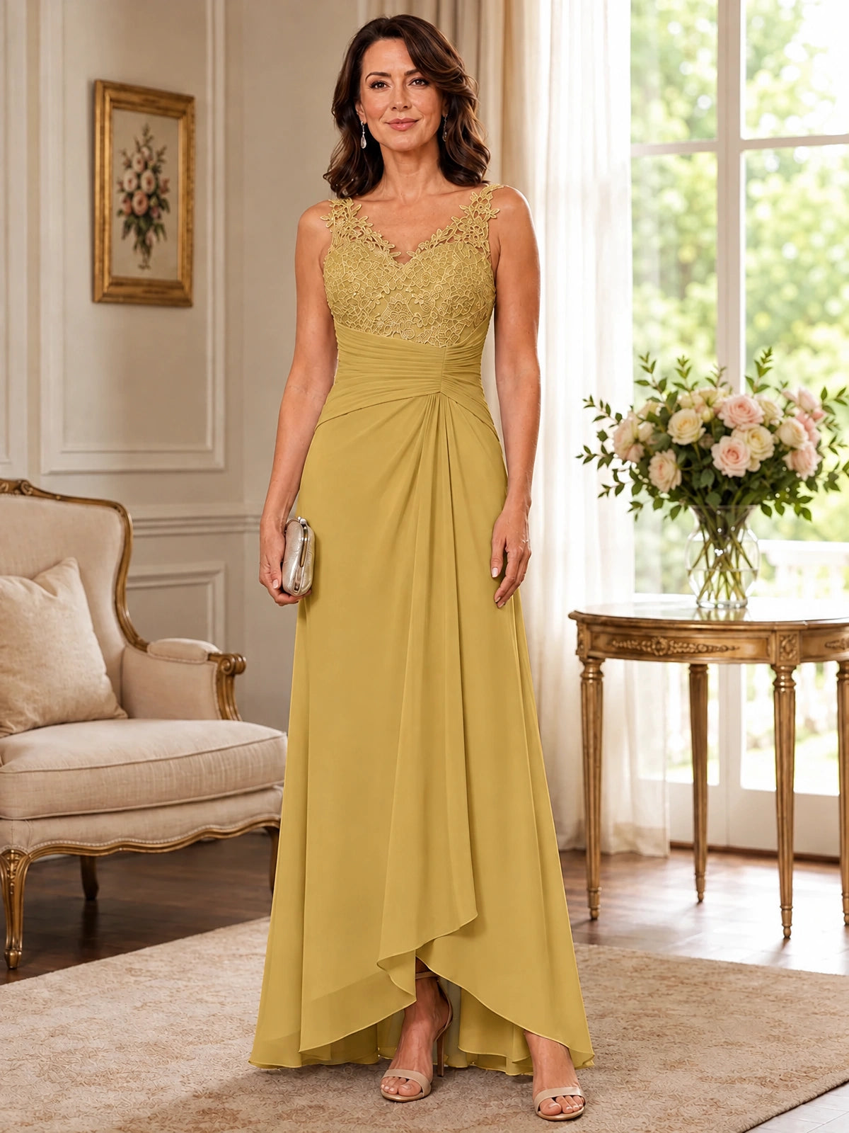 Elegant Chiffon Mother of the Bride Dress with Lace Applique and Cape Sleeves