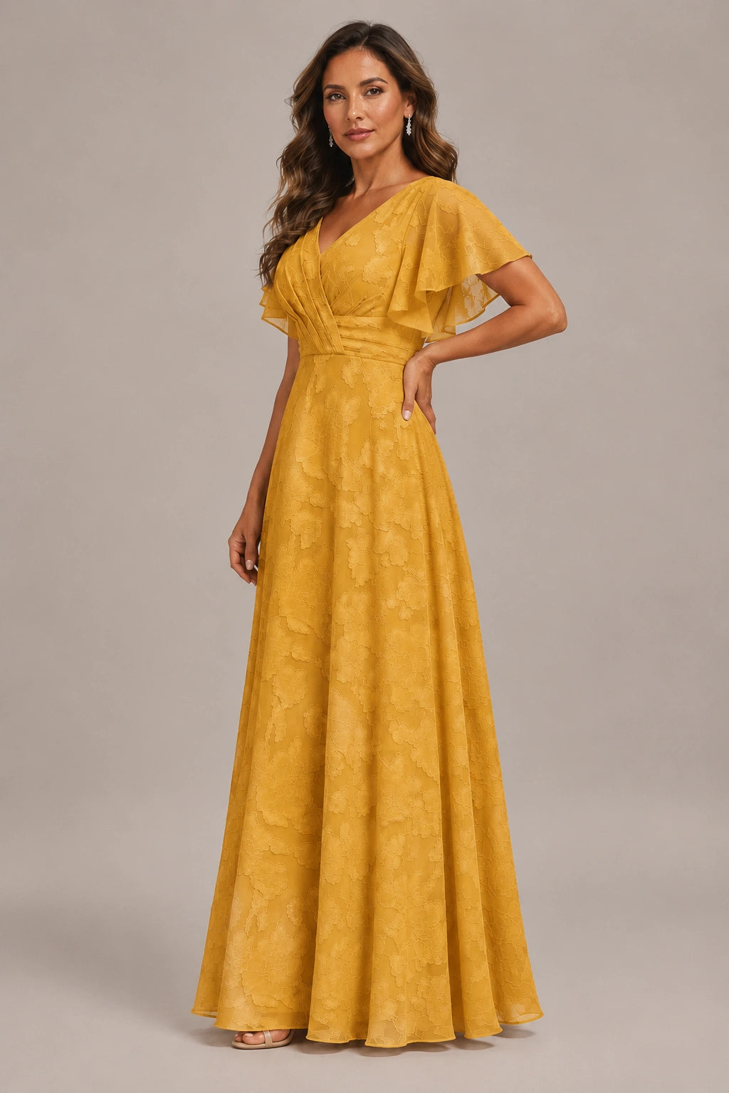Jovellee Floral Chiffon A-Line Mother of the Bride Dress with Flutter Sleeves