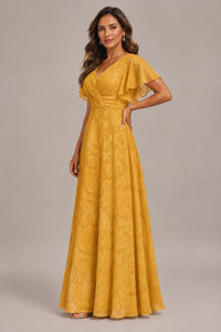 Jovellee Floral Chiffon A-Line Mother of the Bride Dress with Flutter Sleeves