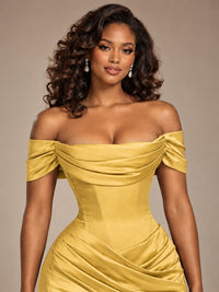 Burgundy Off-the-Shoulder Satin Corset Prom Dress with Slit
