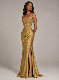 Scoop Neck Sequin Prom Dress with High Slit Satin Formal Gowns