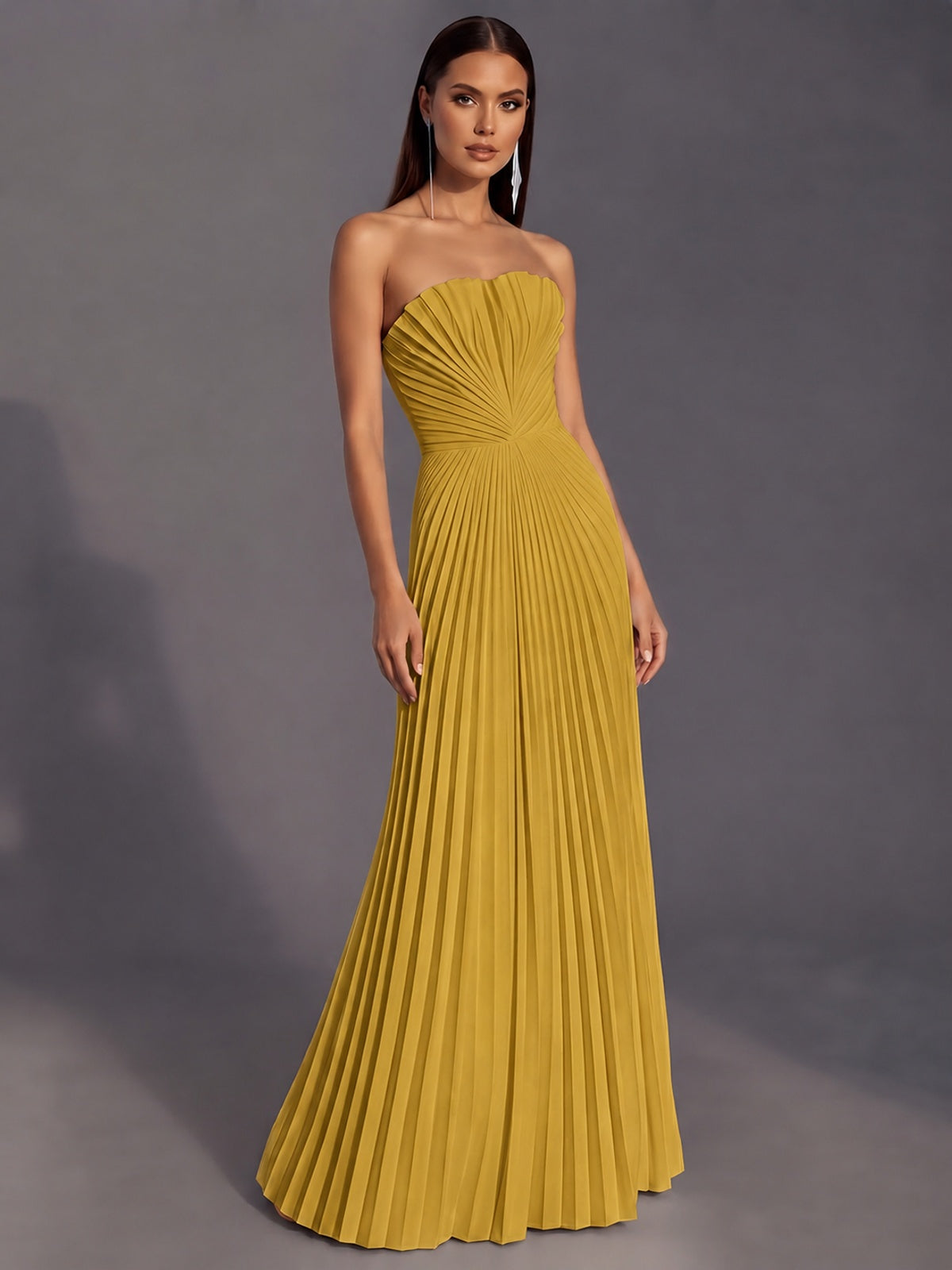 Strapless A-line Long Pleated Satin Prom Dress