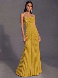 Strapless A-line Long Pleated Satin Prom Dress