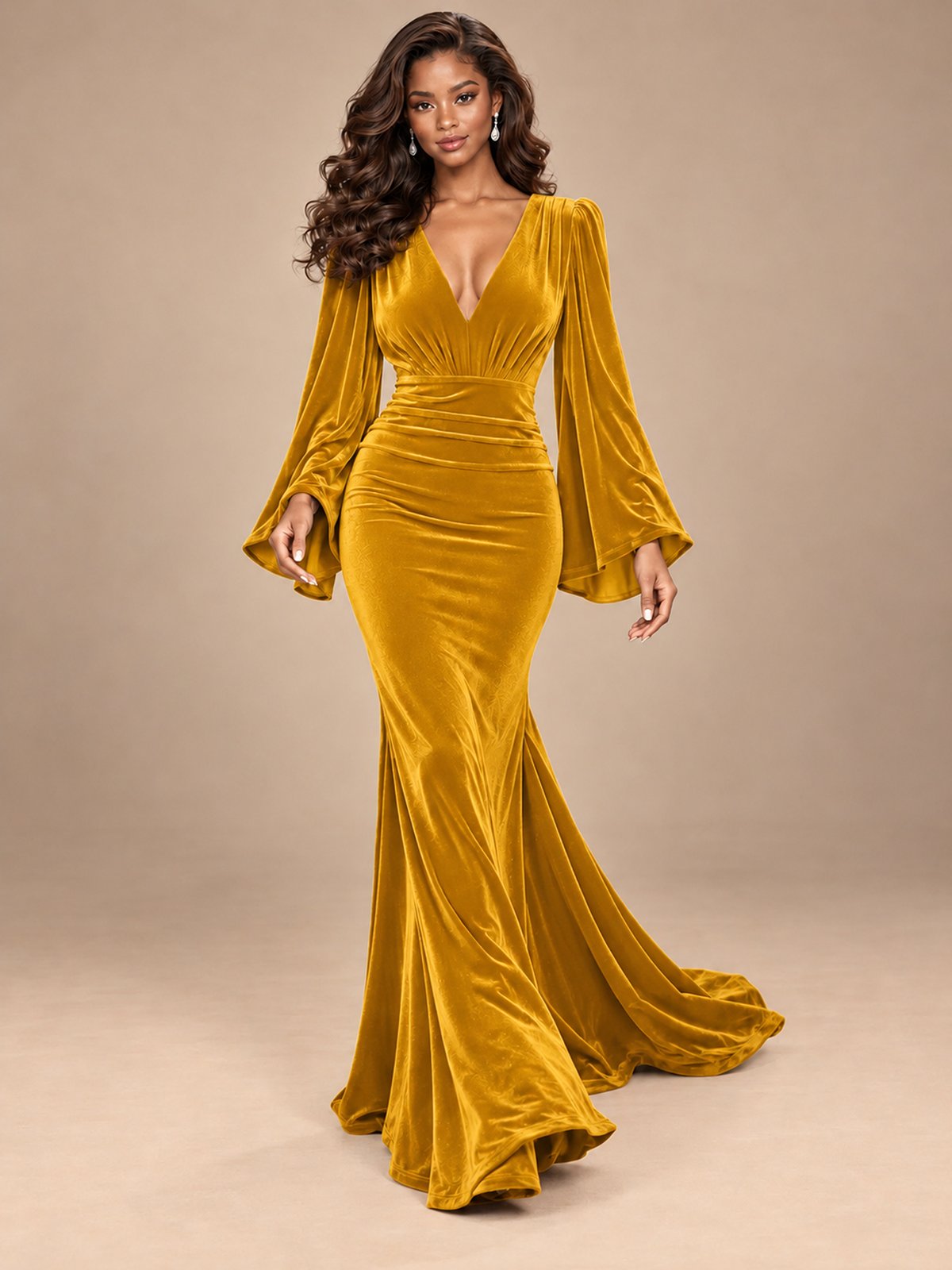 Burgundy Velvet Deep V-Neck Ruched Long Sleeve Maxi Dress