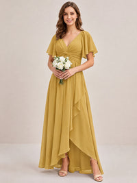 Dusty Blue Chiffon Bridesmaid Dress with Flutter Sleeves & High-Low Hem