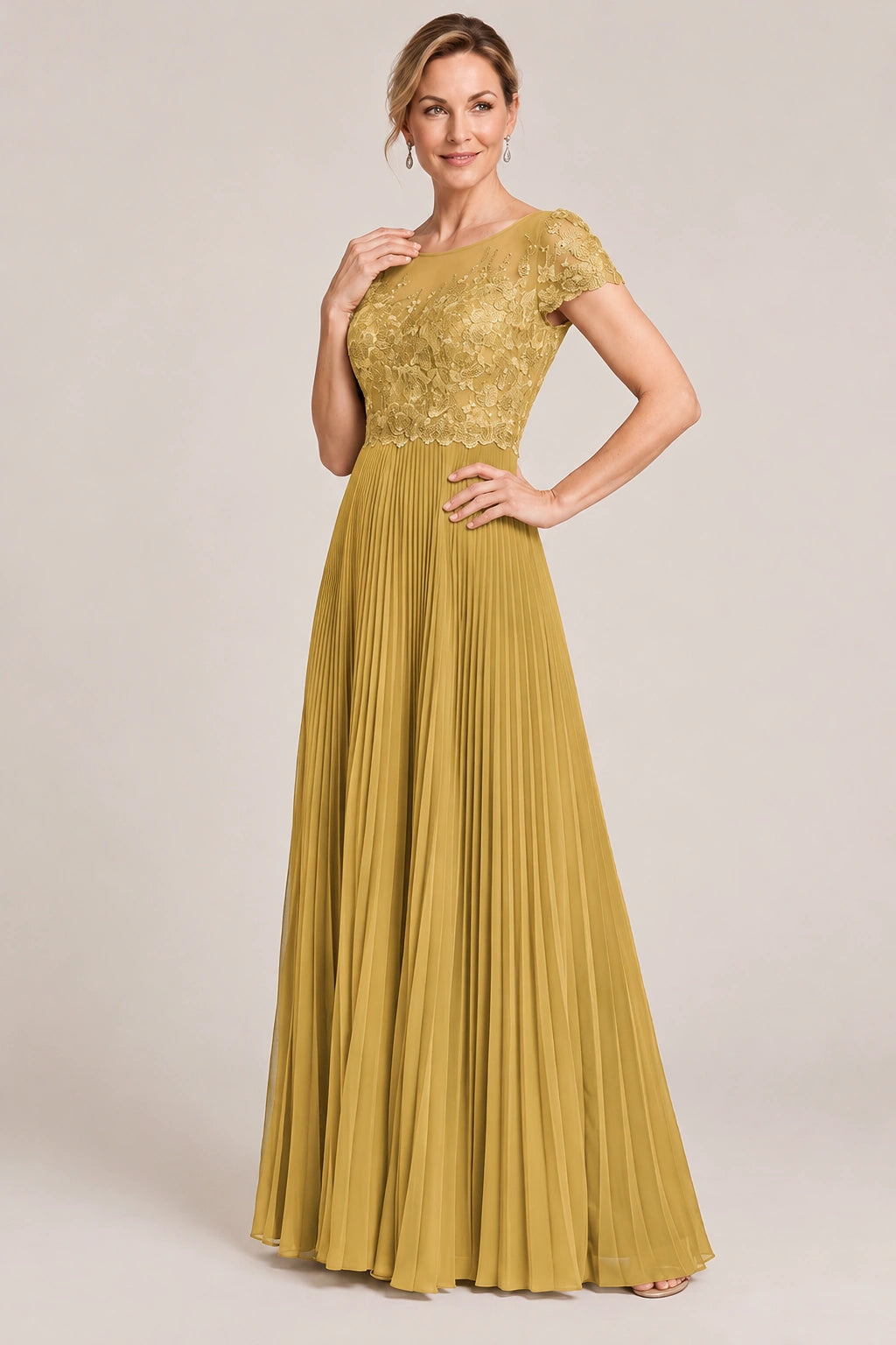 Embroidered Lace Pleated Mother of the Bride Dress