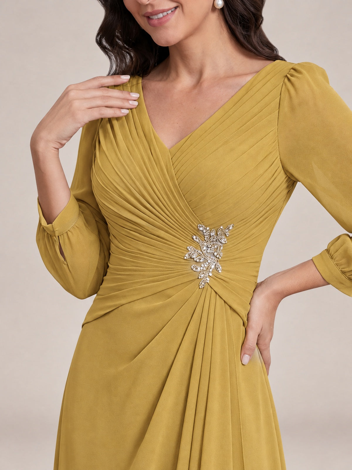 V-Neck Pleated Chiffon Mother of the Bride Dress with Flutter Sleeves