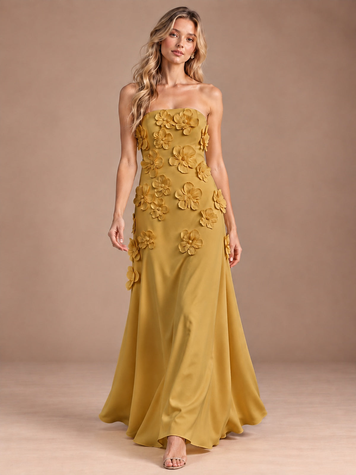 Yellow Strapless A-line Satin Maxi Dress with 3D Floral