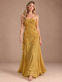 Yellow Strapless A-line Satin Maxi Dress with 3D Floral