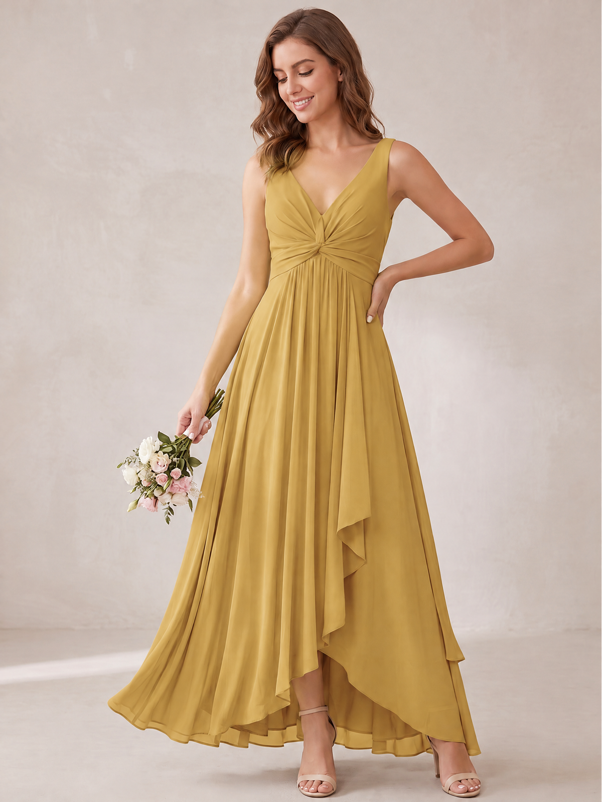 V-Neck High-Low Chiffon Bridesmaid Dress with Ruffles