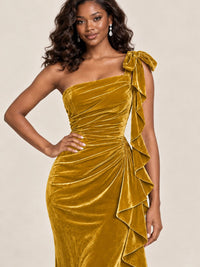 Black Velvet One-Shoulder Mermaid Evening Gown with Bow & Ruffles