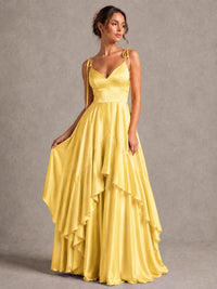Lavender Satin V-Neck Ruffle Maxi Dress