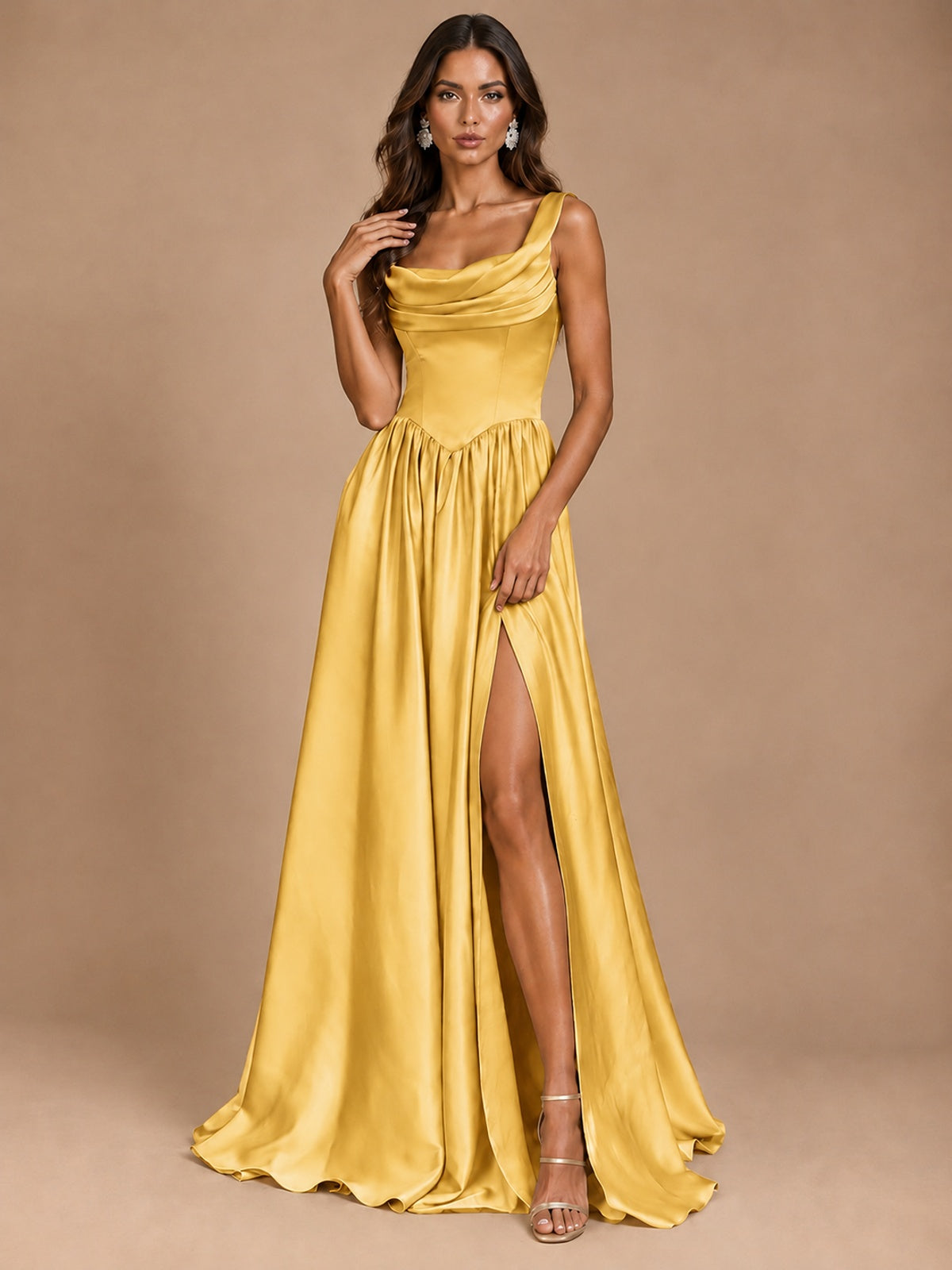 Cowl Neck Pleated Satin Prom Dress with Pockets & Slit Maxi Formal Gowns