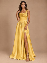 Cowl Neck Pleated Satin Prom Dress with Pockets & Slit Maxi Formal Gowns