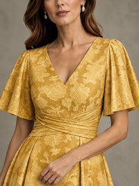 V-Neck Floral Jacquard Tea-Length Mother of the Bride Dress