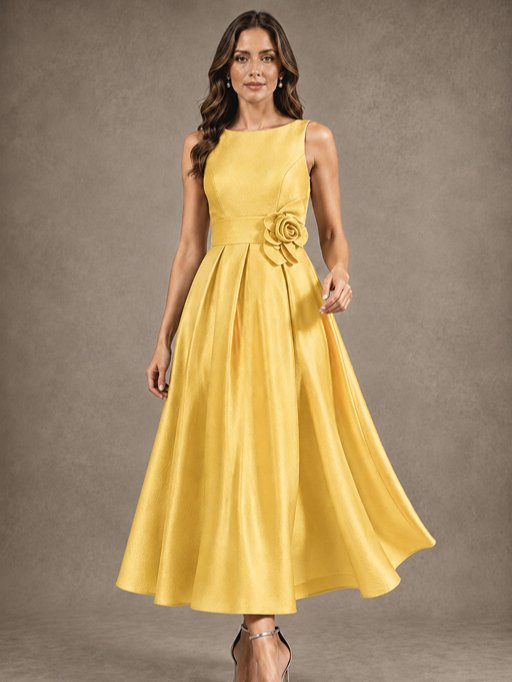 Tea-Length Satin Mother of the Bride Dress with 3D Flower Detail