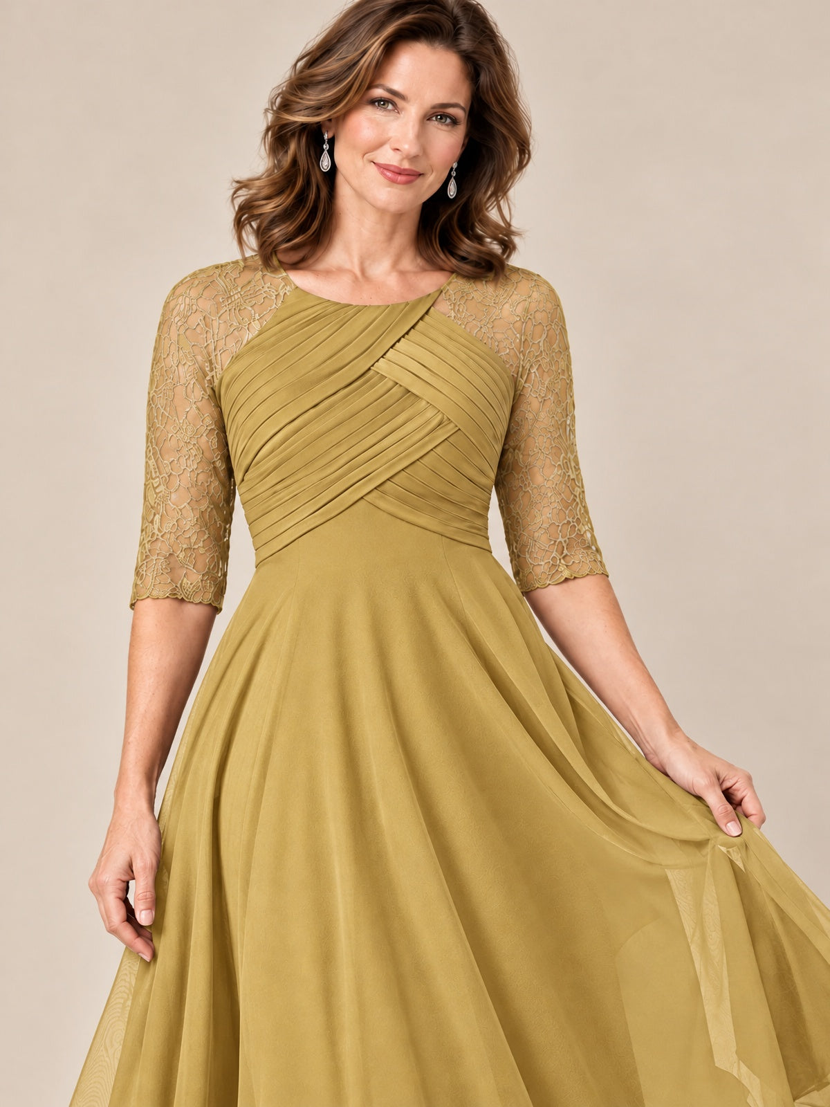 Tea-Length Mother of the Bride Dress with Lace 3/4 Sleeves