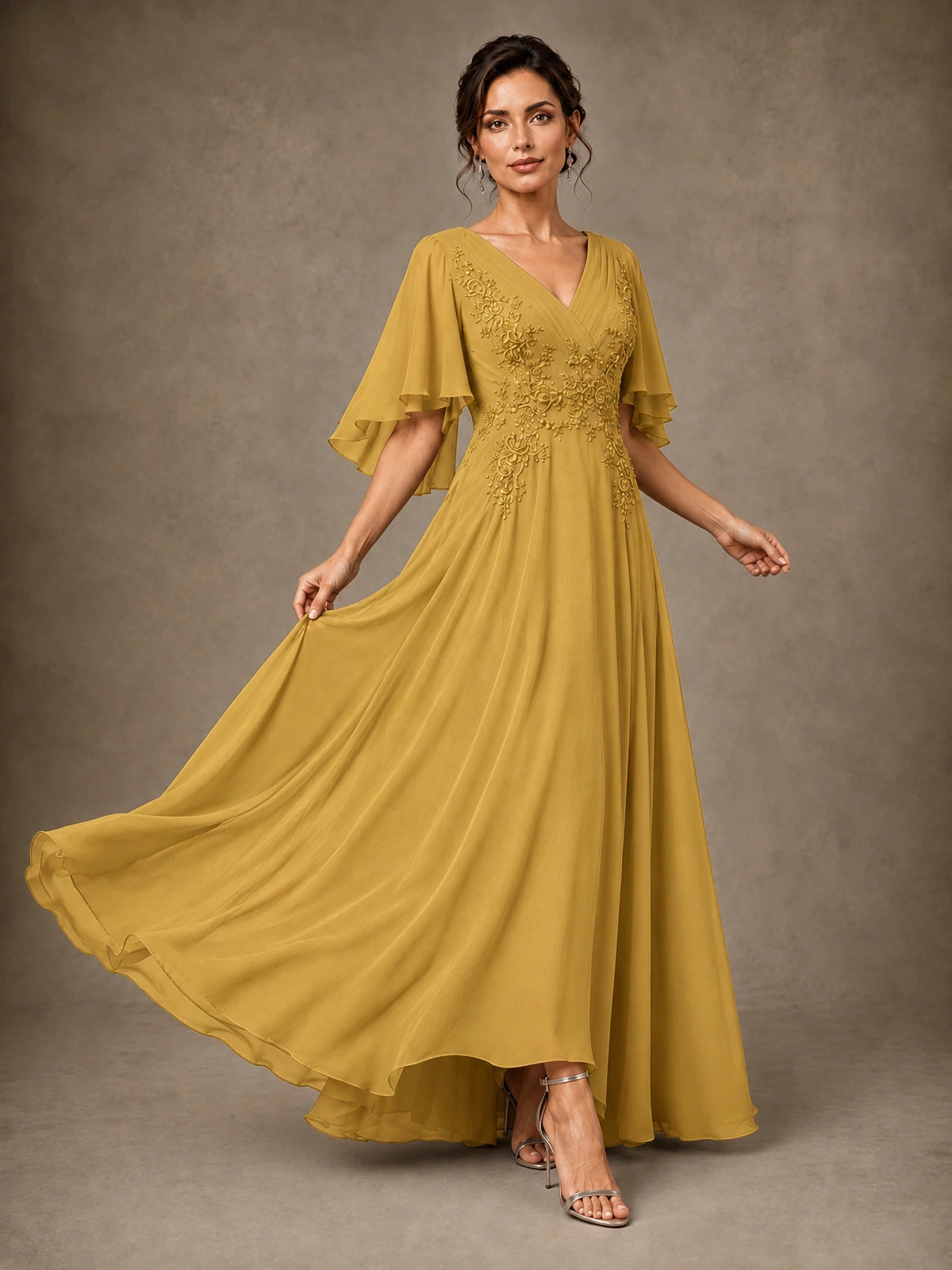 V-Neck Chiffon Lace Mother of the Bride Dress with Flutter Sleeves