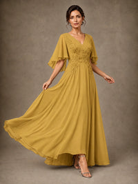 V-Neck Chiffon Lace Mother of the Bride Dress with Flutter Sleeves